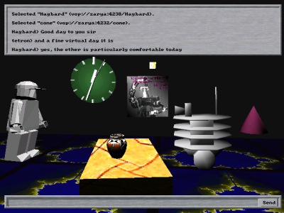 A screenshot of the multiuser 3D VR application [showing] a conversation in cyberspace [with a Lego&reg; minifigure and a robot]